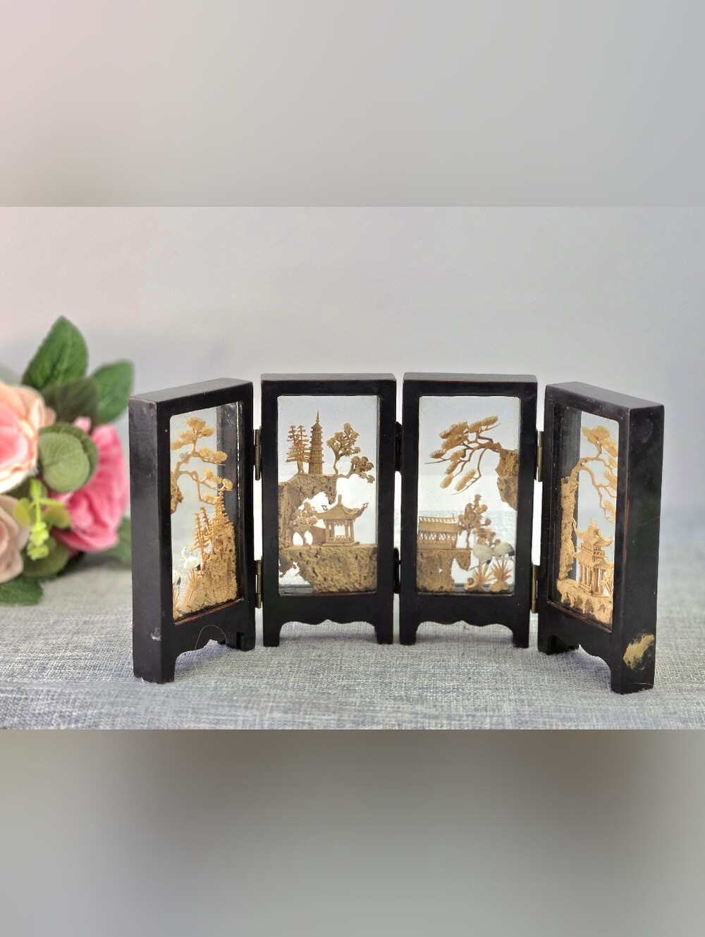 Vintage Chinese Cork Carving Diorama 4-Panel Folding Tabletop Screen Pagoda Art